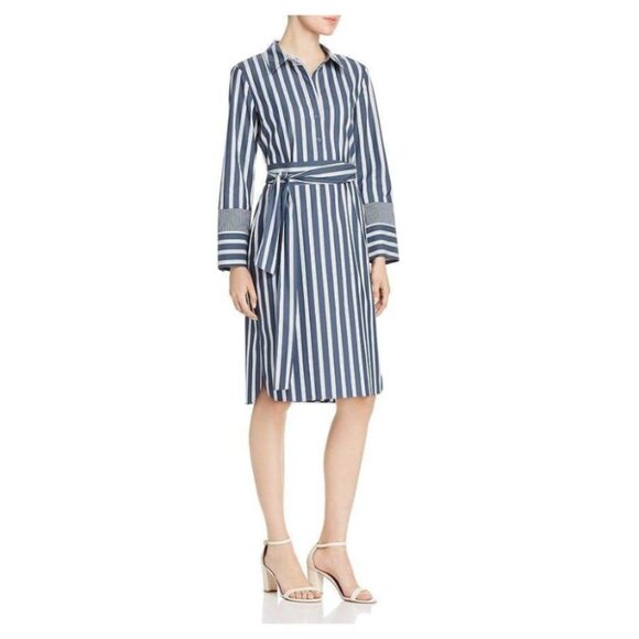 NWT Lafayette 148 Fabiola Twilight Dungaree Blue Stripe Long Sleeve Belted Dress - Picture 2 of 9